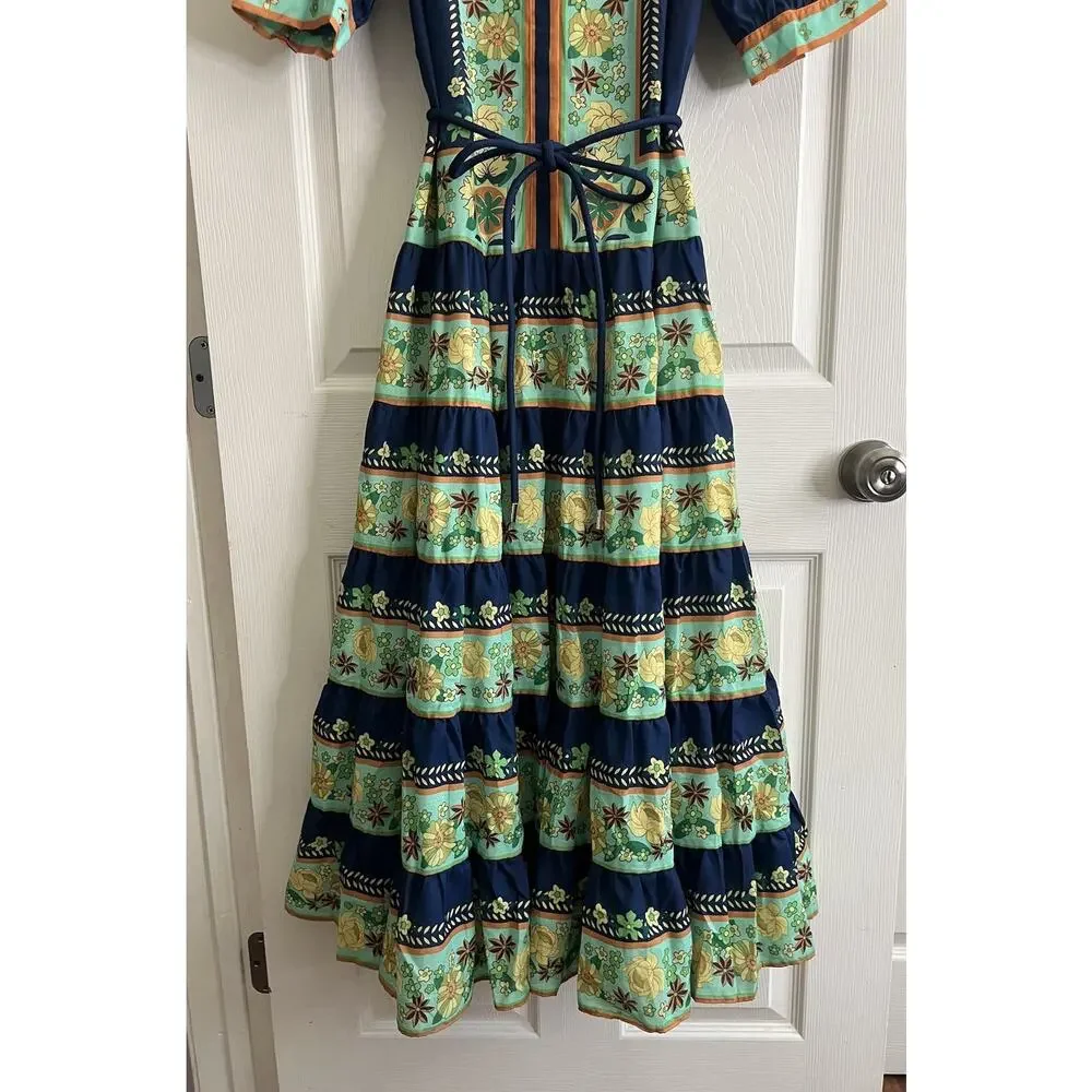 LUXXEL Navy Floral Puff Sleeve Button Front Tiered Maxi Dress Sz M NWT - Picture 6 of 16